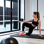A professional freelance personal trainer, fully clothed in modest, modern athletic wear, demonstrating a clear and safe foundational exercise pose in a clean, contemporary home gym setup. A digital tablet is prominently displayed nearby, suggesting virtual training or online content. The trainer's expression is encouraging and knowledgeable. The image should convey professionalism and the integration of technology in fitness. perfect anatomy, correct proportions, natural pose, well-formed hands, proper finger count, natural body proportions, safe for work, appropriate content, fully clothed, professional.