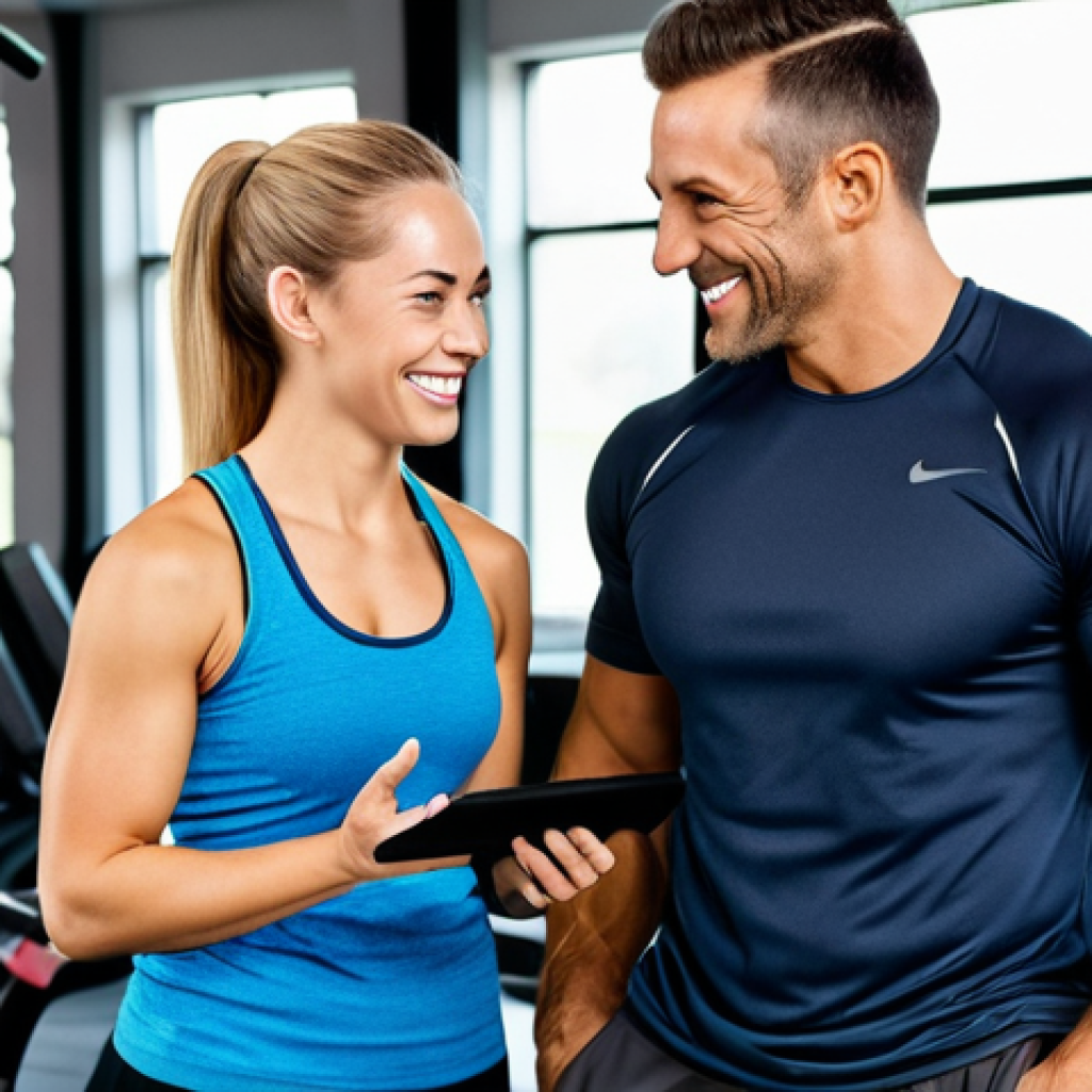 **

A fully clothed, professional personal trainer, smiling warmly, interacting with a client (also fully clothed and in appropriate gym attire) in a modern, well-lit gym setting. They are discussing a workout plan. Safe for work, appropriate content, modest clothing, family-friendly, perfect anatomy, correct proportions, natural pose, professional photography, high quality.

**