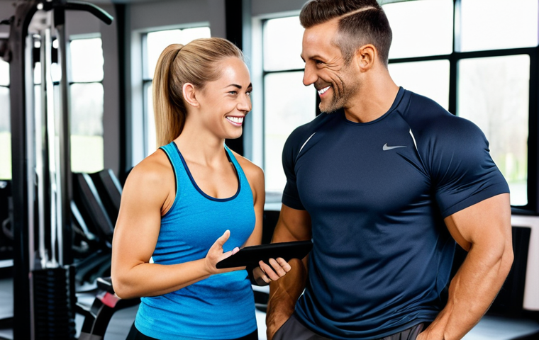 **
A fully clothed, professional personal trainer, smiling warmly, interacting with a client (also fully clothed and in appropriate gym attire) in a modern, well-lit gym setting. They are discussing a workout plan. Safe for work, appropriate content, modest clothing, family-friendly, perfect anatomy, correct proportions, natural pose, professional photography, high quality.
**
