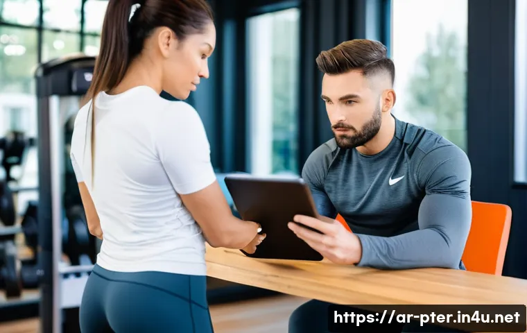 퍼스널트레이너가 알아야 할 법률 상식 - **Prompt 1: Professional Personal Trainer and Client Reviewing a Legal Agreement**
    A highly prof...