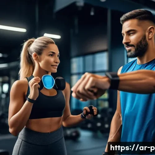 퍼스널트레이너의 커리어 업그레이드 - A professional Arab personal trainer in modern gym attire, wearing a smart fitness tracker on the wr...