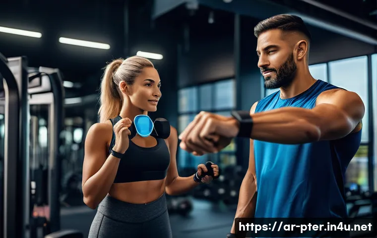 퍼스널트레이너의 커리어 업그레이드 - A professional Arab personal trainer in modern gym attire, wearing a smart fitness tracker on the wr...