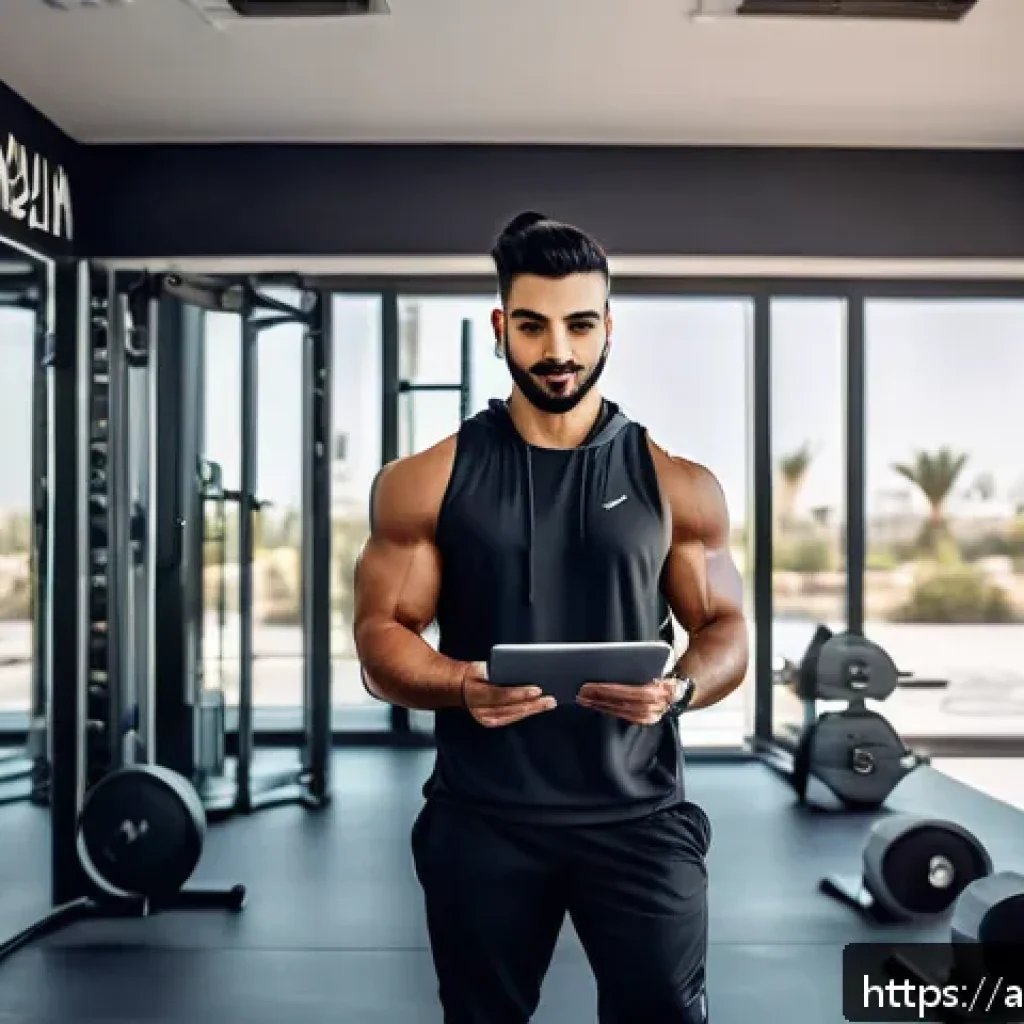 퍼스널트레이너 자기소개서 작성 팁 - A professional Arab male fitness trainer in a modern gym setting, wearing stylish athletic wear and ...
