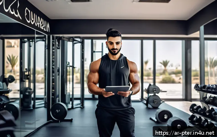 퍼스널트레이너 자기소개서 작성 팁 - A professional Arab male fitness trainer in a modern gym setting, wearing stylish athletic wear and ...