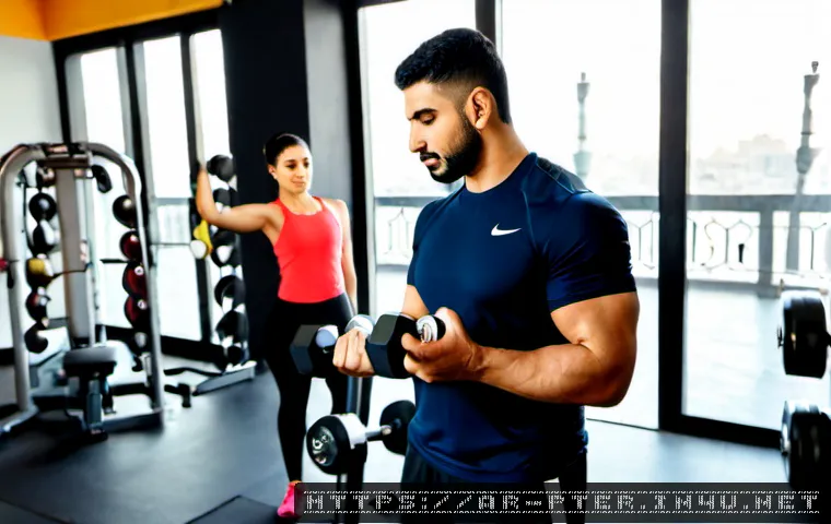 퍼스널트레이너 근무 환경 장단점 - Photorealistic modern fitness studio in an upscale Middle Eastern city, a professional Arab male per...