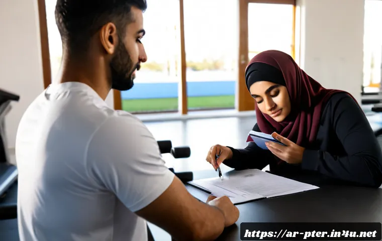 Home 17 퍼스널트레이너 이직 후 주의사항 - Photorealistic Middle Eastern personal trainer in modest professional athletic wear seated at a clea...